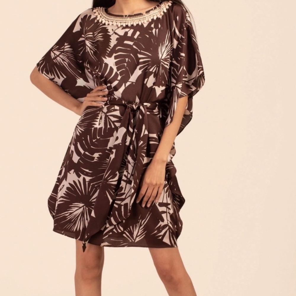 Trina Turk Paradise 2 Beaded Brown and Cream Leaf Print Kaftan Mini Dress Size L
